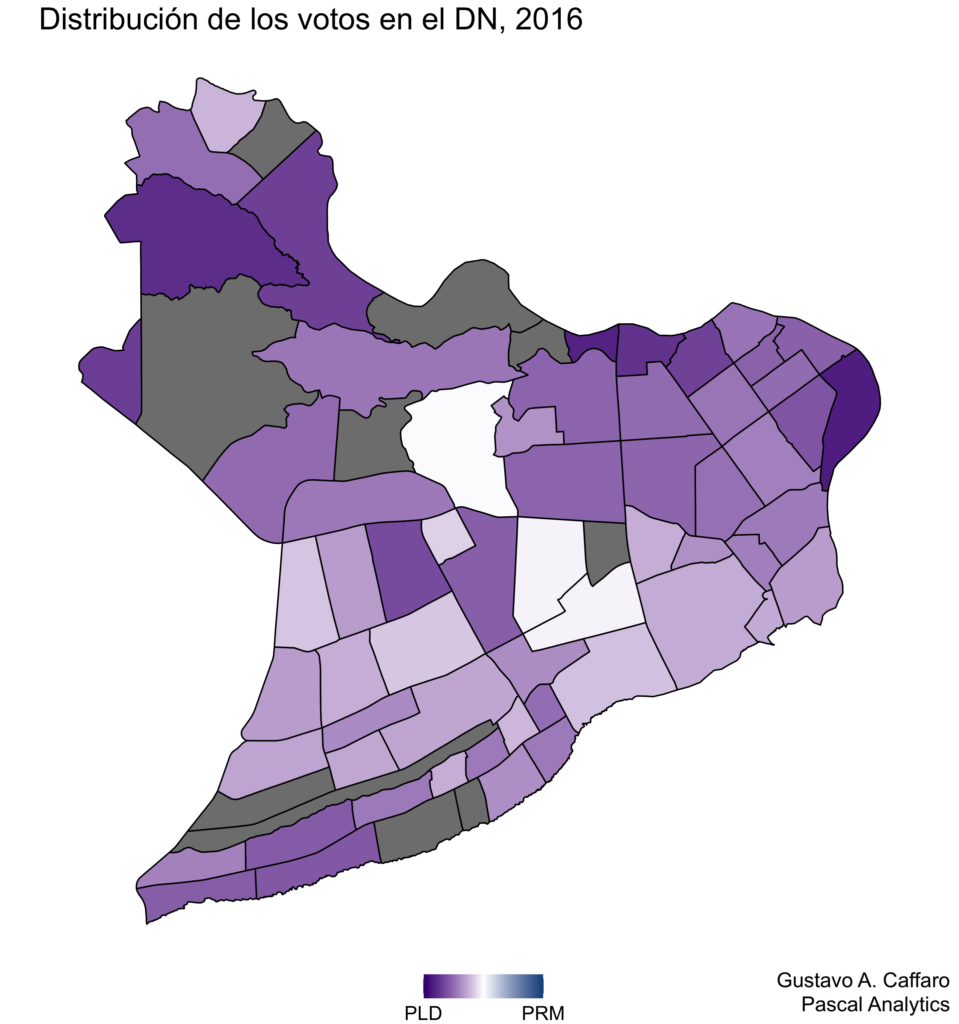 Distribución de la proporción de votos por barrio en el Distrito Nacional, Elecciones Presidenciales 2016