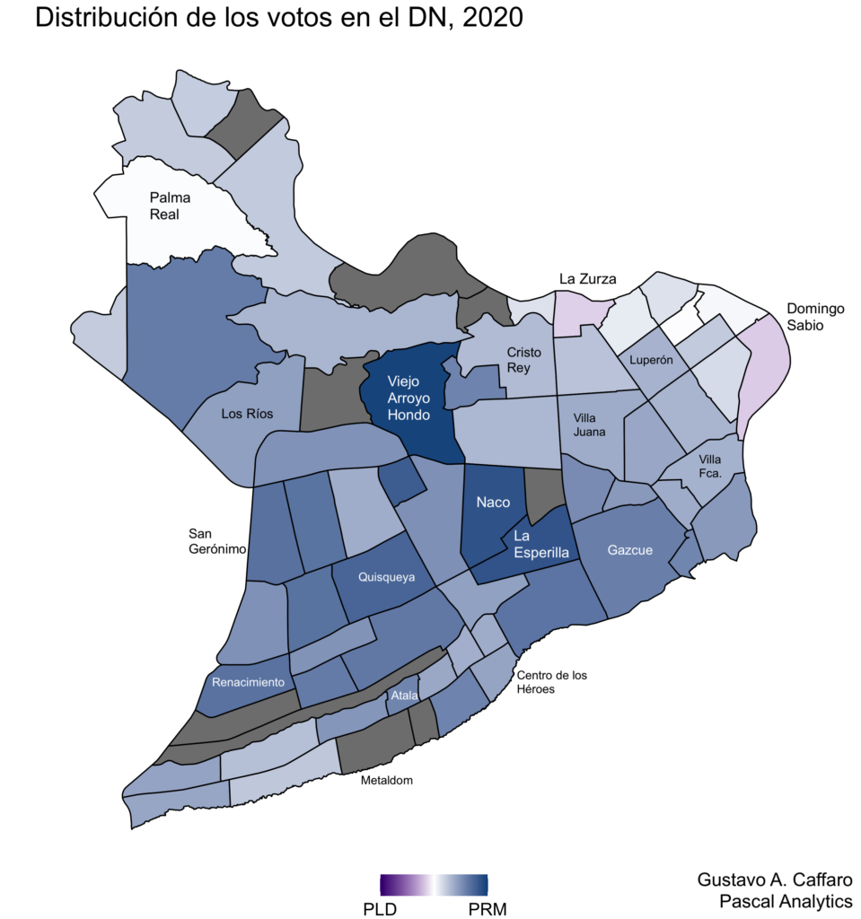 Distribución de la proporción de votos por barrio en el Distrito Nacional, Elecciones Presidenciales 2020